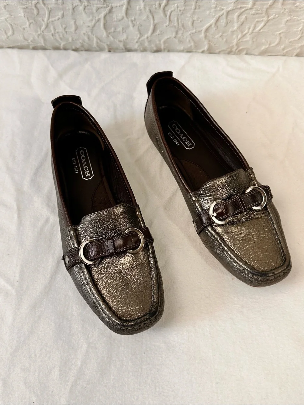Coach Metallic Gray Leather Bit Loafers - Women's